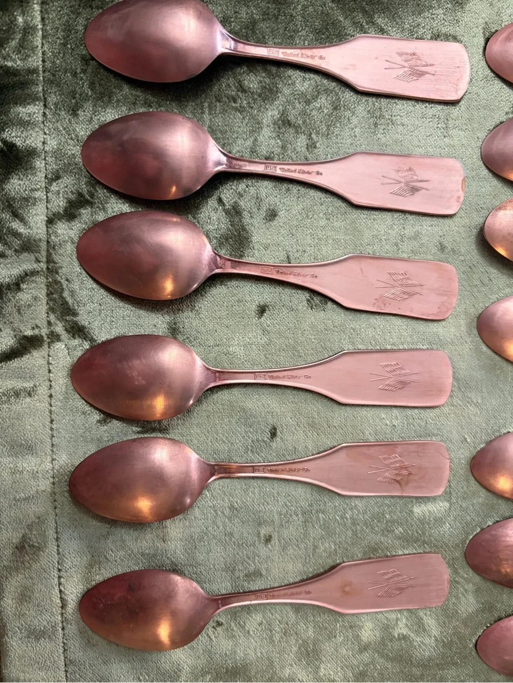 Vintage-13 Spoons United Silver Co.-Copper plated -vintage wall holder